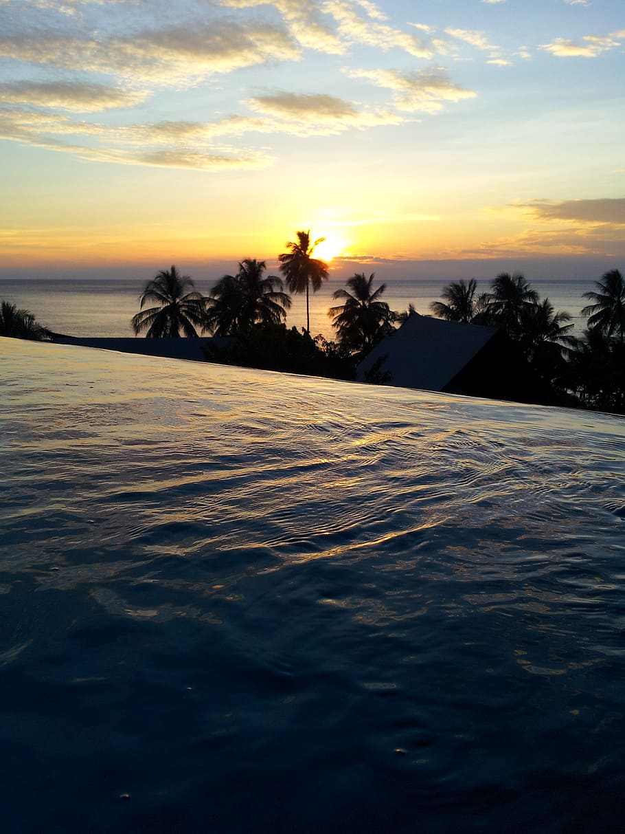 sunset, pool, water, evening, sea, thailand, clouds, water ripple HD wallpaper