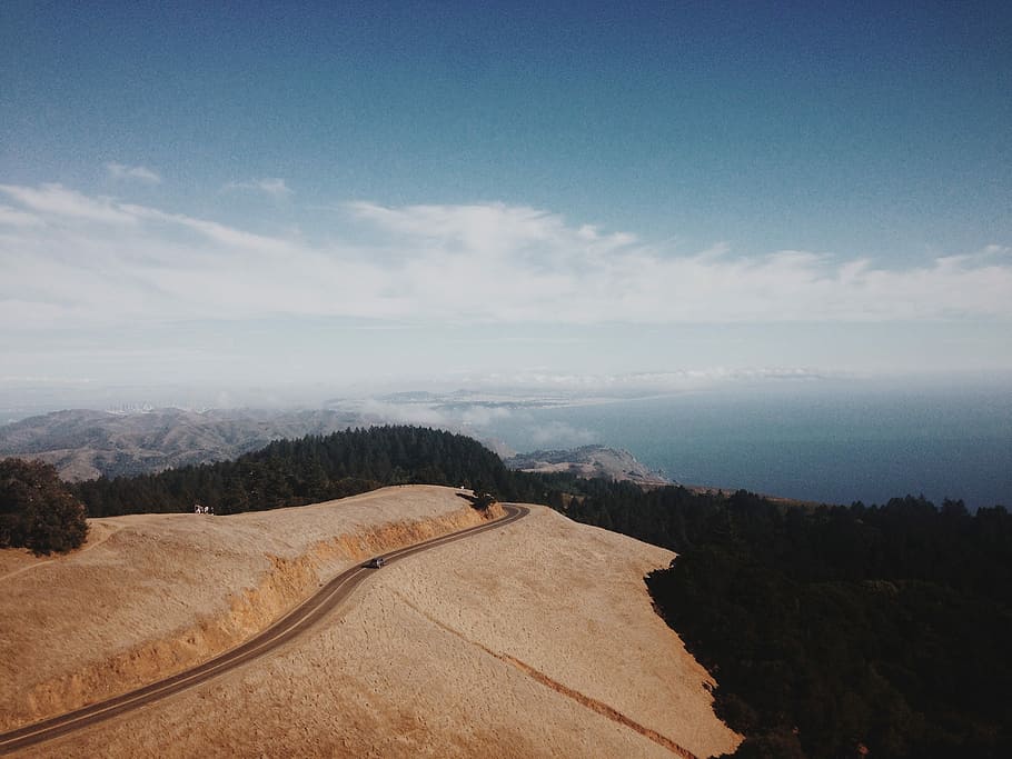 photo of road, trees, and sea, nature, landscape, scenics, sky HD wallpaper
