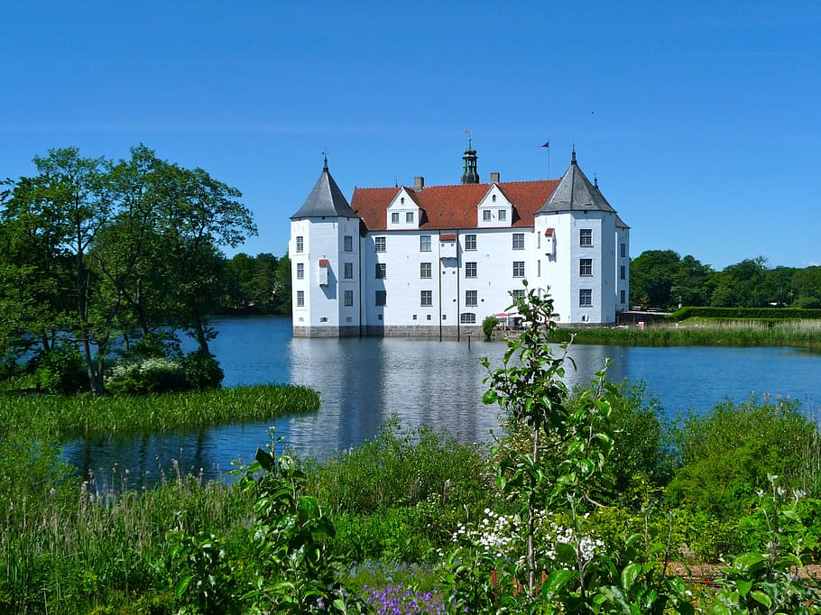 glücksburg castle, renaissance, water, moat, facade, tower, HD wallpaper