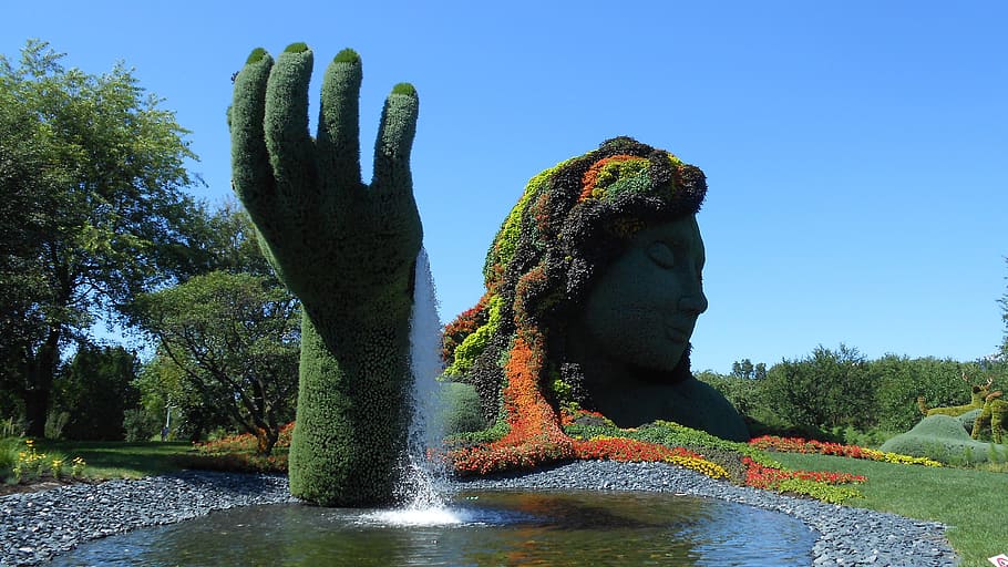woman and hand topiary panorama photography, trimmed, plants, HD wallpaper