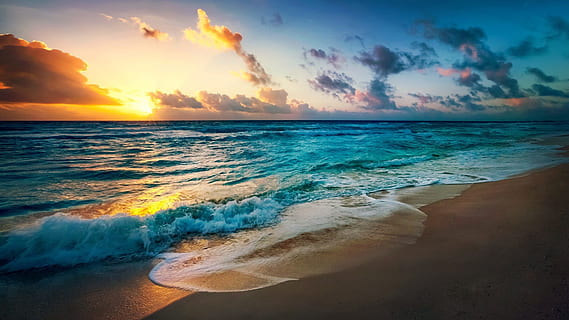 blue body of water near shore, beach, sun, evening, summer HD wallpaper