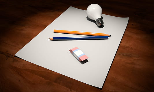 clear light bulb and two blue and yellow pencils, idea, empty HD wallpaper