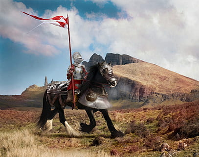 knight holding flag riding horse during daytime, fantasy, battle HD wallpaper