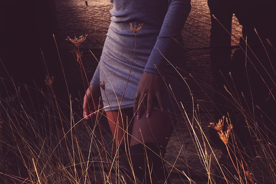 dawn, fashion, person, water, dress, dusk, fall, grass, real people HD wallpaper