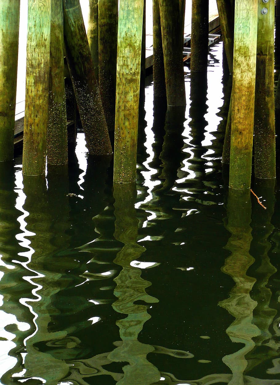 pier, poles, mirroring, reflection, water, ocean, nature, lake HD wallpaper