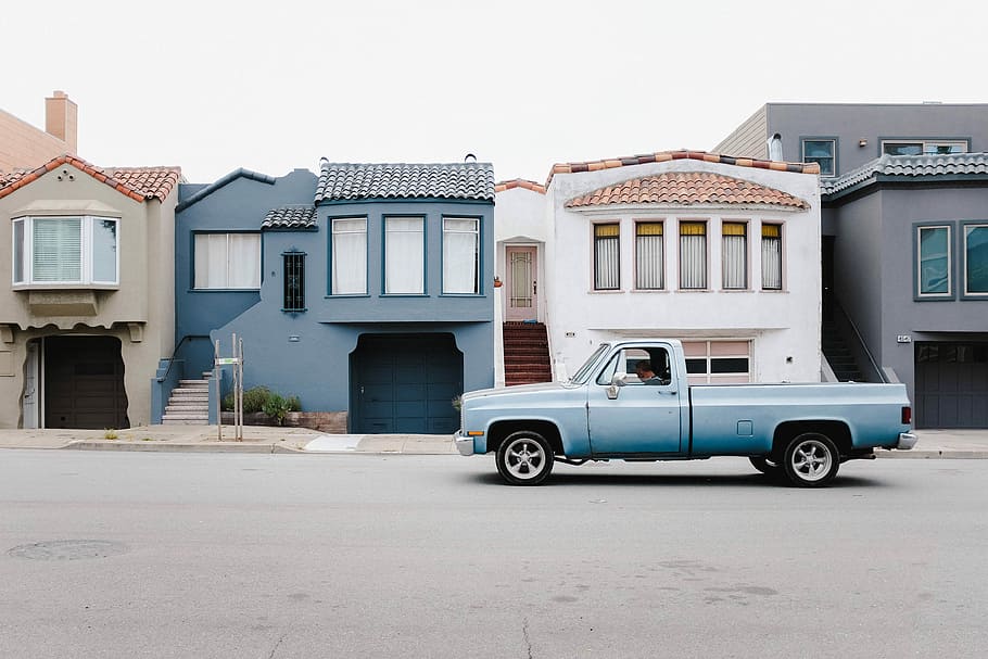 white single cab on road near blue and white houses, classic gray single cab pickup truck parked near buildings HD wallpaper