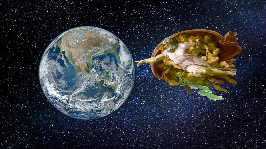 earth and creation of adams digital wallpaper, universe, globe, HD wallpaper