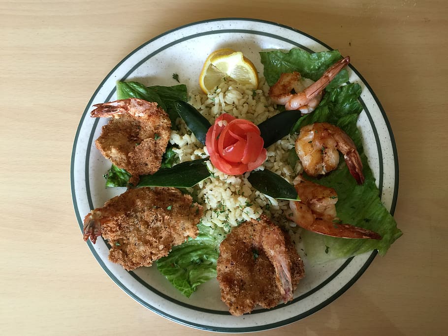 fried shrimp platter, food, meal, seafood, shellfish, plate, HD wallpaper