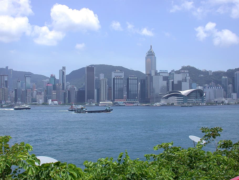 hong kong, city, cityscape, skyscraper, river, view, clouds, HD wallpaper