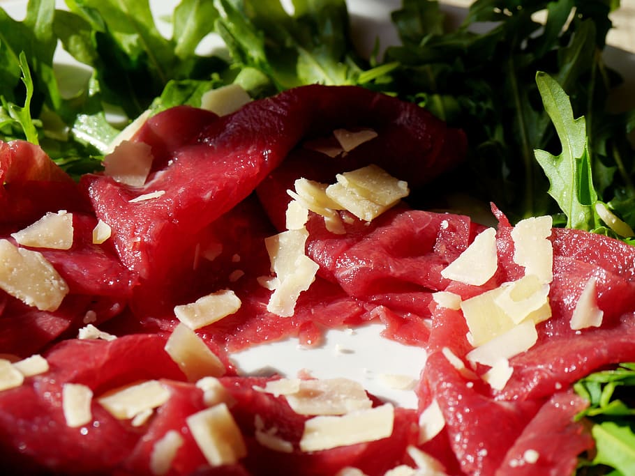 Carpaccio, Beef, Raw Meat, Rocket, parmesan, cheese, food, salad HD wallpaper