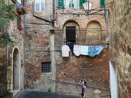 woman in gray cardigan holding camera and taking photo of floral arrangement on 3rd storey window of brick residential building during daytime HD wallpaper