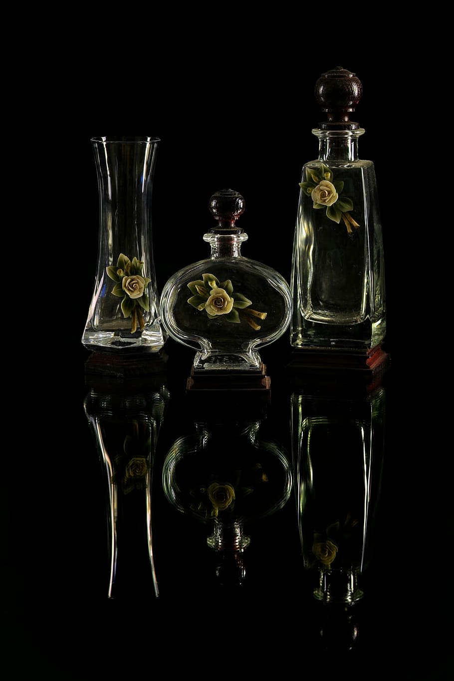 vases, glass, essences, transparent, jars, petals, black background, HD wallpaper