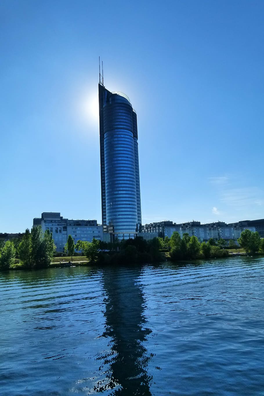 vienna, austria, danube, building, sunset, architecture, water HD wallpaper