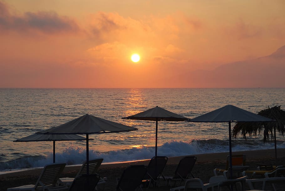sunset, sea, mirroring, crete, abendstimmung, beach, afterglow, HD wallpaper