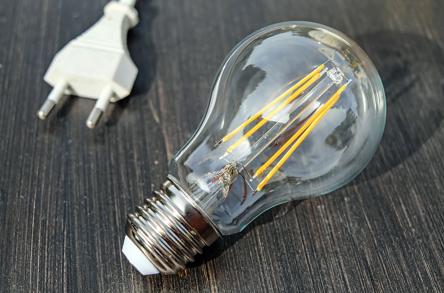 clear and gray light bulb and white power cord, pear, energy HD wallpaper