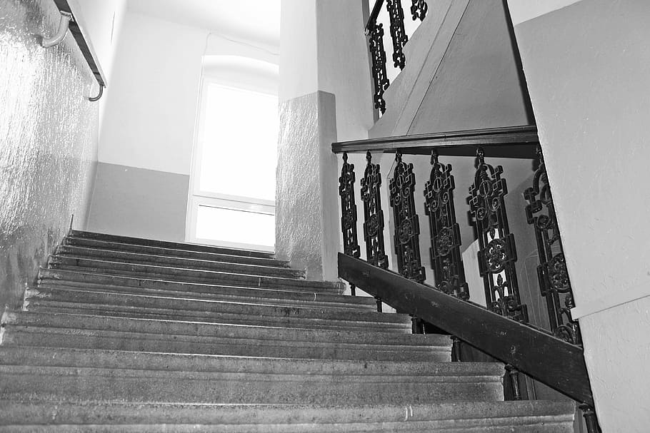 stairs, railing, black and white, path, staircase, steps and staircases HD wallpaper