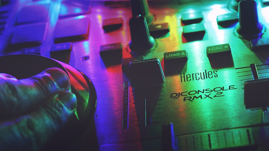 colorful, colourful, controls, DJ console, fingers, lights