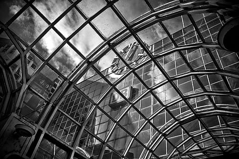 grayscale photo of building under cloudy sky, Architecture HD wallpaper