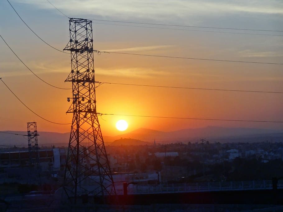 Sunset, Electricity, Sky, setting sun, evening sun, cable, electricity pylon HD wallpaper