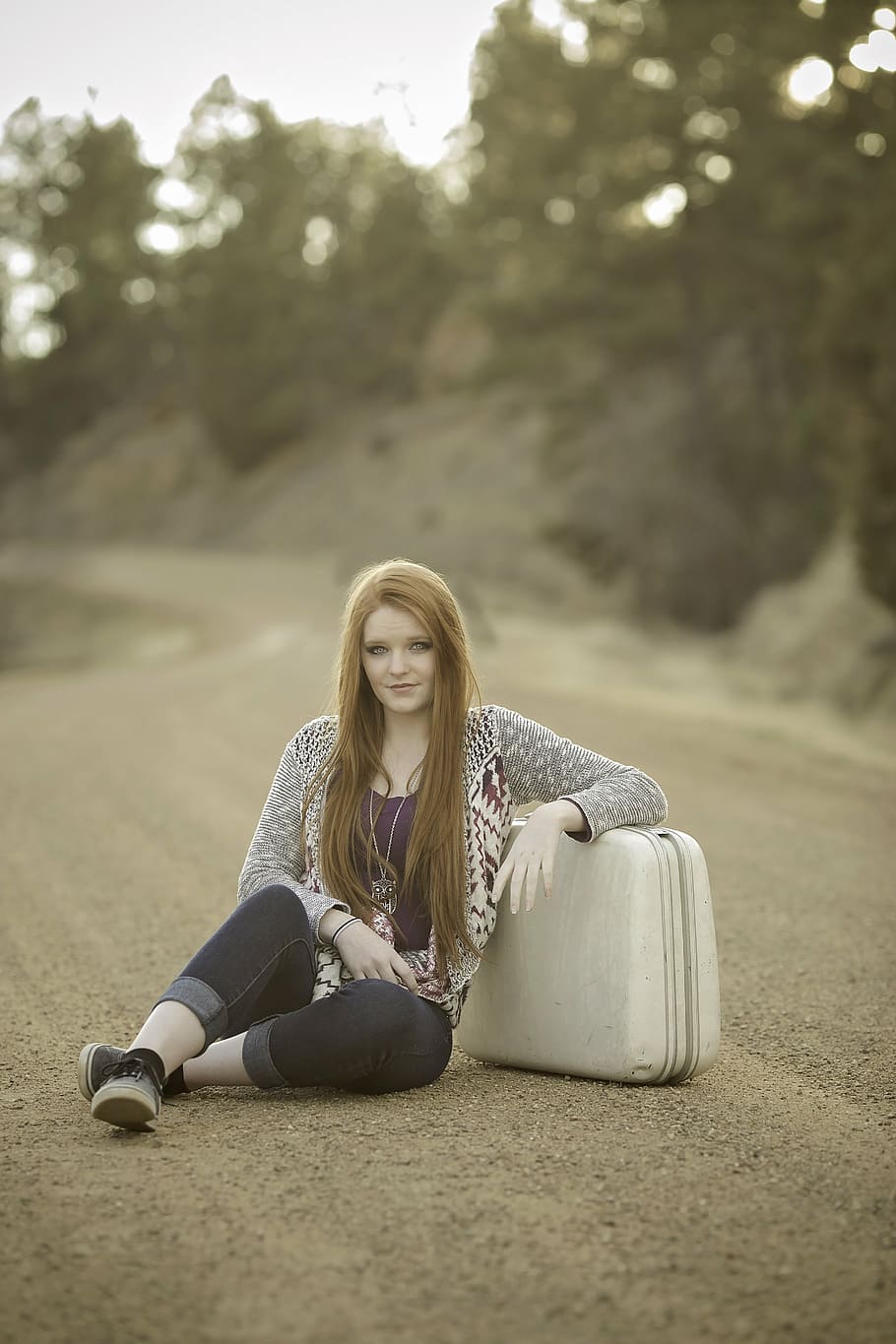 woman sitting beside luggage, redhead, suitcase, road, travel HD wallpaper