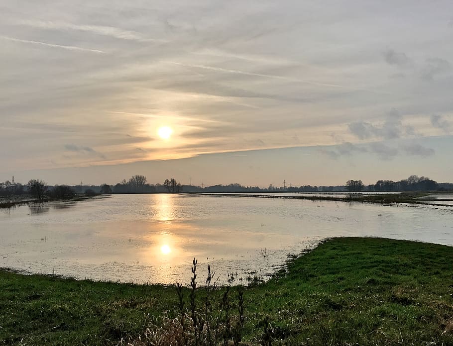 sunset, reported, flood, winter, winter sun, abendstimmung HD wallpaper