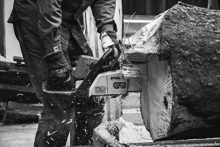grayscale photography of person cutting log using chainsaw, man, HD wallpaper