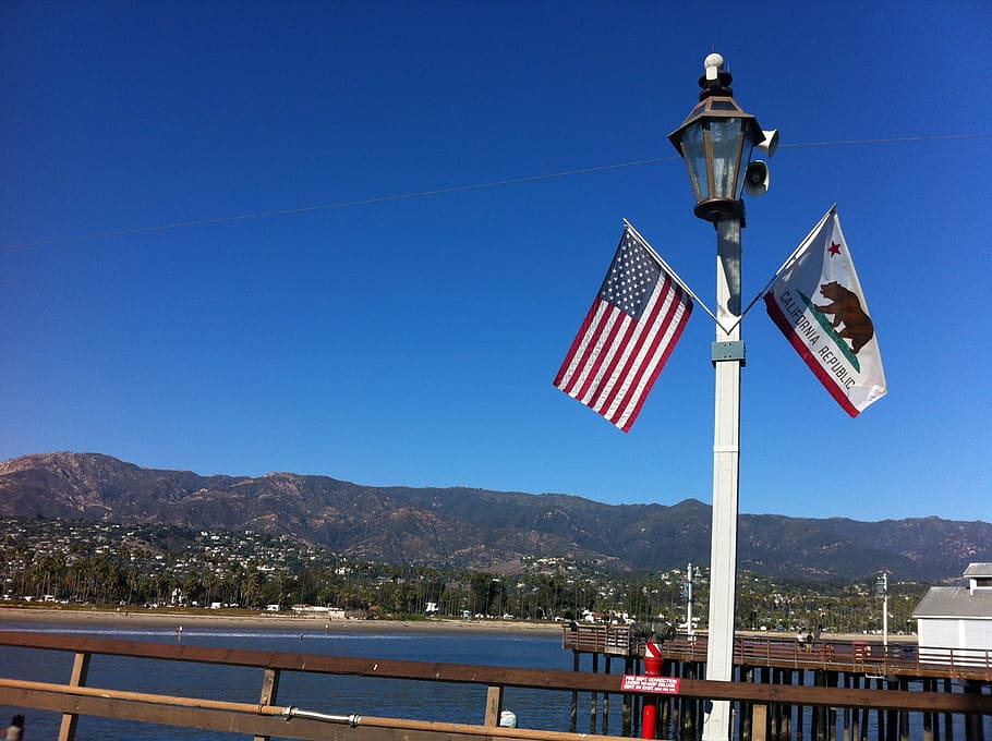 Pier, California, Flags, place, mountain, blue, day, outdoors HD wallpaper