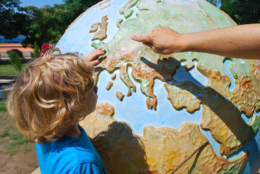 boy in blue shirt, teaching, child, world, geography, children learning HD wallpaper