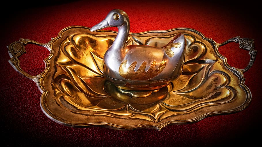 duck, bowl, silver, gold colored, antique, metal, art and craft HD wallpaper