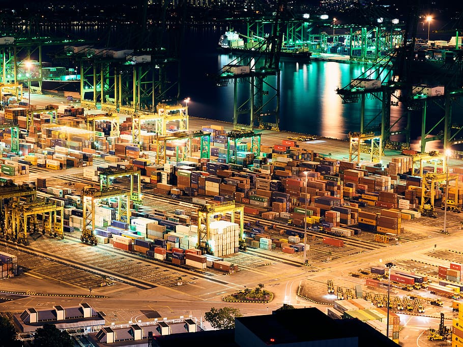 aerial photography of port, aerial photography of concrete structures near blue calm of water HD wallpaper