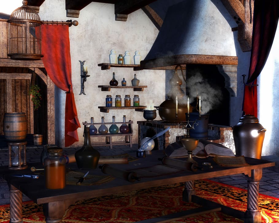 Study and potions room in Wizard's House, art, illustration, ingredients, HD wallpaper