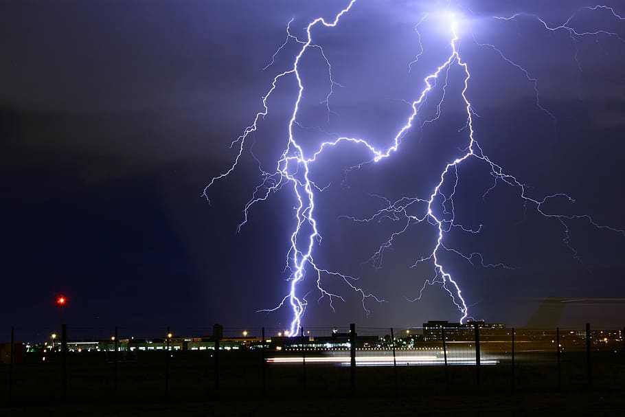 lightning hitting on building, strike, night, storm, bolt, weather HD wallpaper