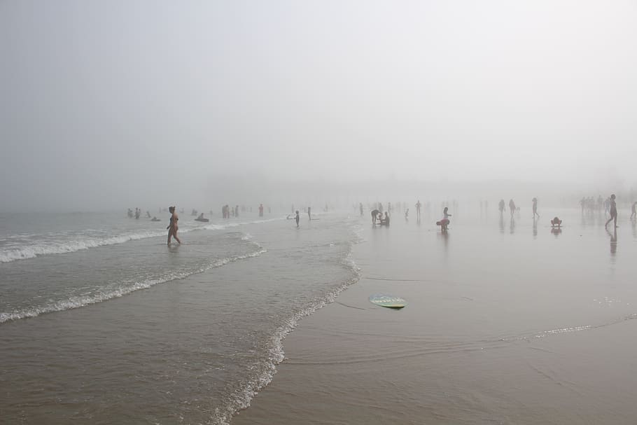 people, beach, foggy, dull, person, water, ocean, sea, murky, HD wallpaper