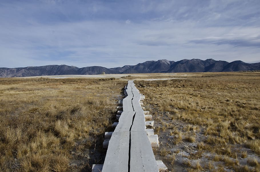path, landscape, mountains, sky, blue, grass, desert, outdoor HD wallpaper