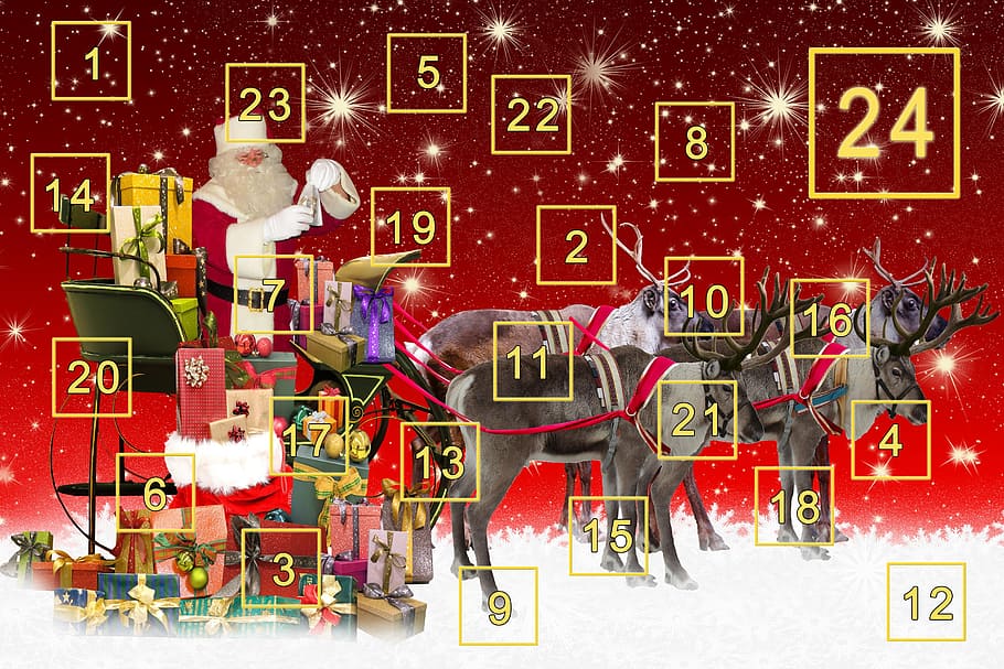 Santa Claus on sleigh with deers illustration, advent calendar, HD wallpaper