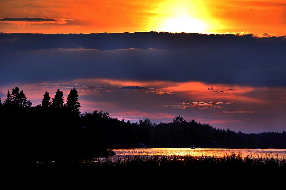 sunset, nature, twilight, summer, colors, lake, québec, sky HD wallpaper