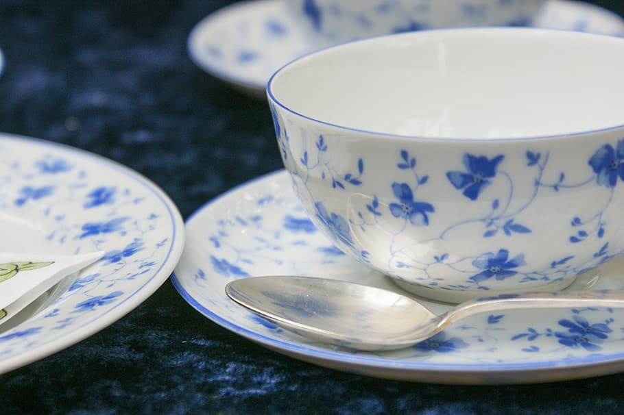 cup, tableware, coffee, cover, spoon, flowers, fine, blue, small HD wallpaper