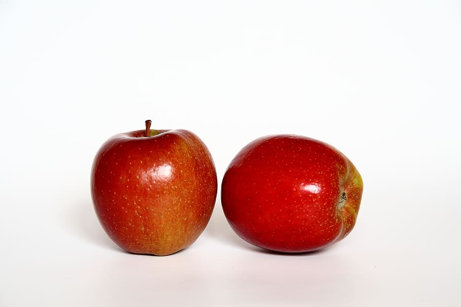 two red apple fruits, vitamins, frisch, sweet, shiny, food HD wallpaper