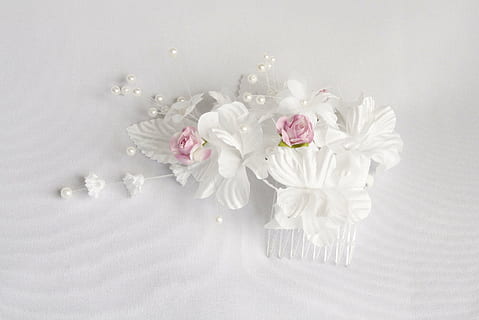 white floral-accent french comb, flower, trim, artificial, petals HD wallpaper