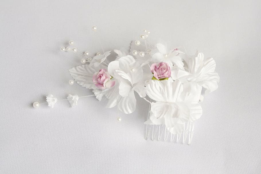 white floral-accent french comb, flower, trim, artificial, petals HD wallpaper