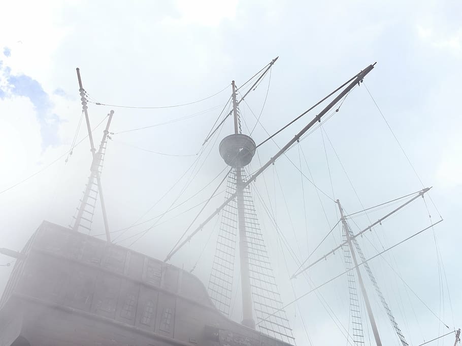 grayscale photography of galleon, sail, ship, fog, clouds, sky HD wallpaper