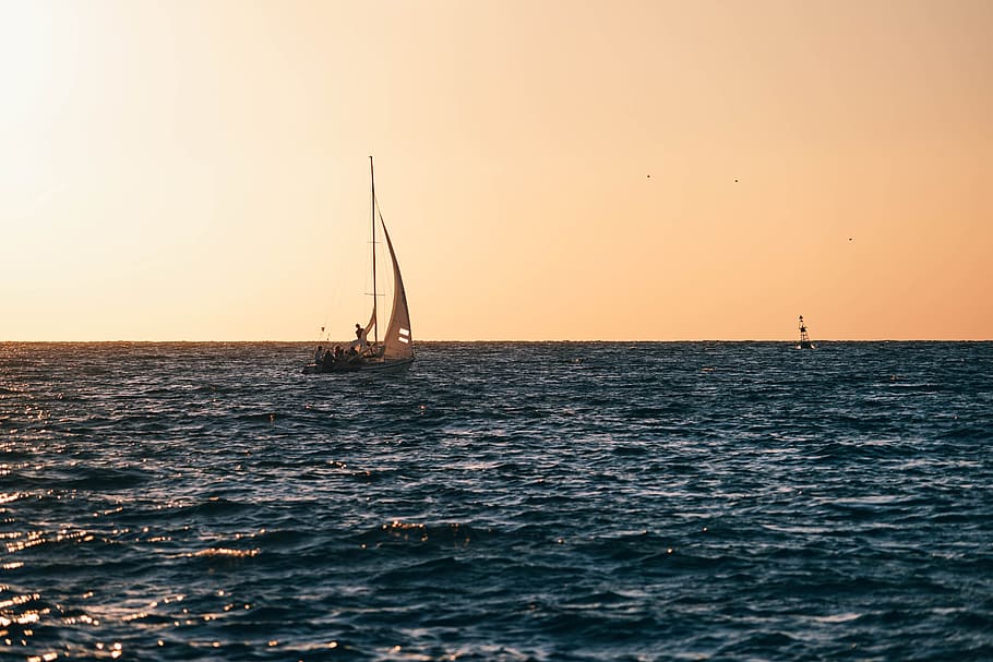 sea, dawn, sky, sunset, blue, boat, bouy, clouds, colors, day HD wallpaper