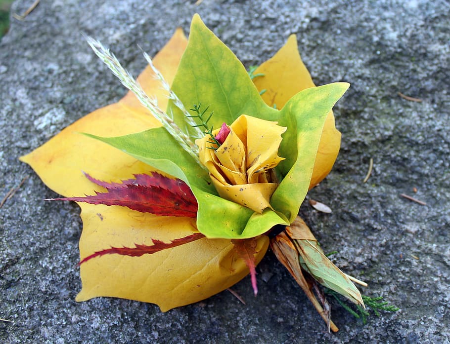 bouquet, autumn, foliage, composition, nature, close-up, yellow HD wallpaper