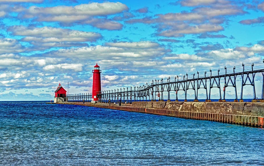 long exposure photography of red lighthouse, grand haven pier, HD wallpaper