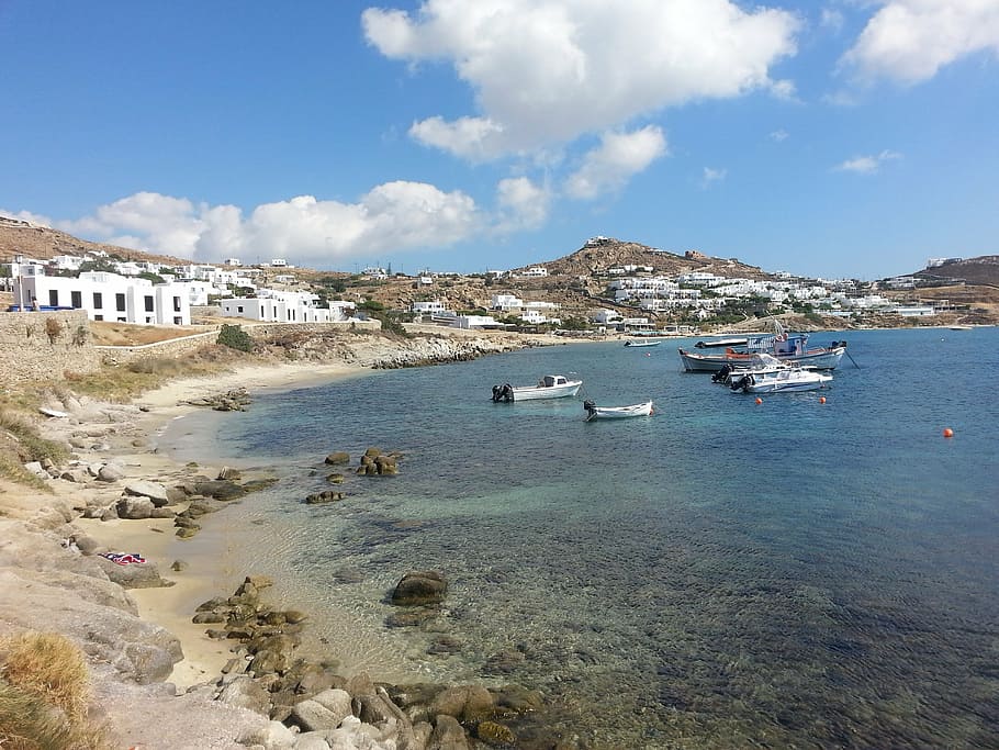 mykonos, greece, vacation, sea, beach, coastline, village, town HD wallpaper