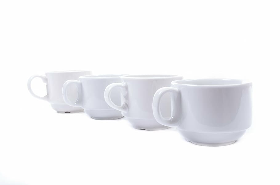 four white ceramic cups, mug, porcelain, front, close-up, isolated HD wallpaper