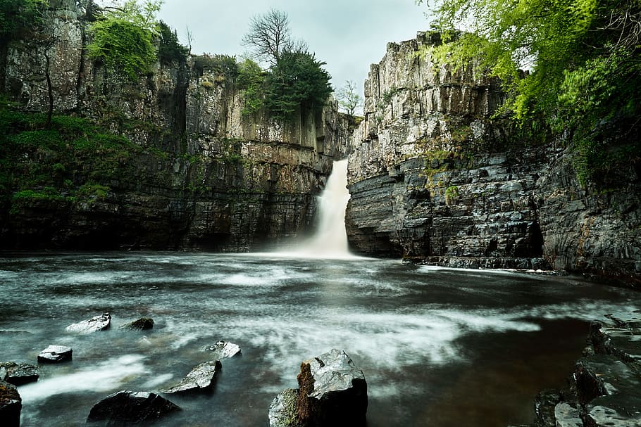 landscape photo of waterfalls, water falls, path, rock, flow HD wallpaper