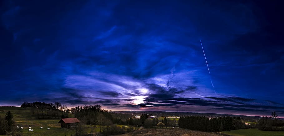 photography of storm at farm house, sunset, panorama, sky, landscape HD wallpaper