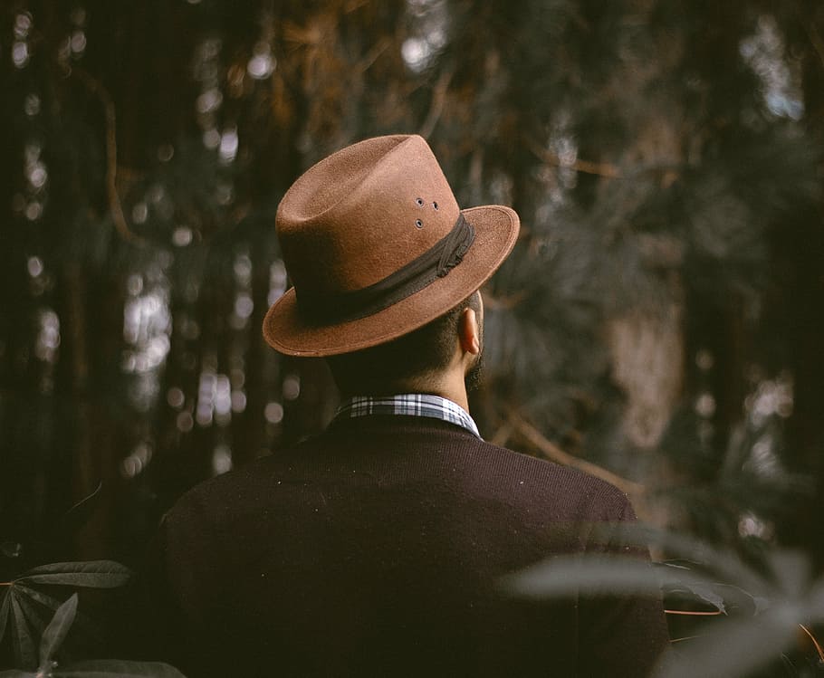 man wearing brown fedora hat, people, formal, nature, woods, forest