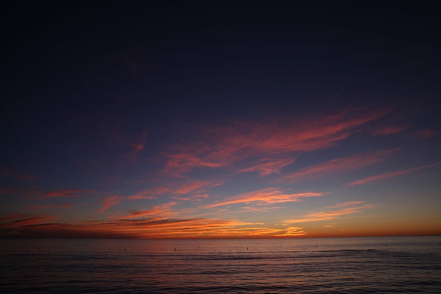 Sunset, Red Sky, see, sea, scenics, nature, tranquility, tranquil scene HD wallpaper
